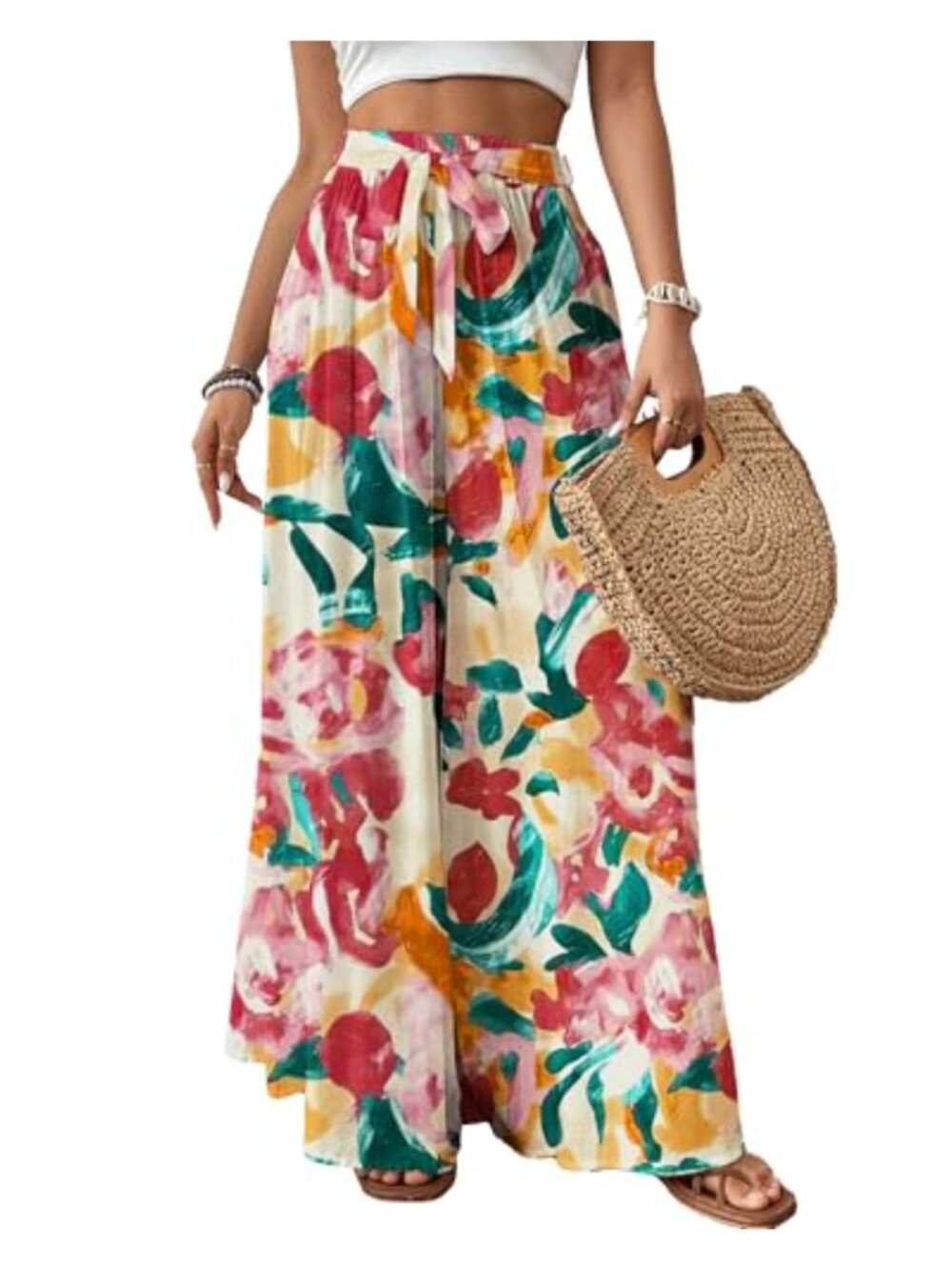 Flowy Wide Leg Palazzo Pants High Waisted Floral Summer Cruise Trousers